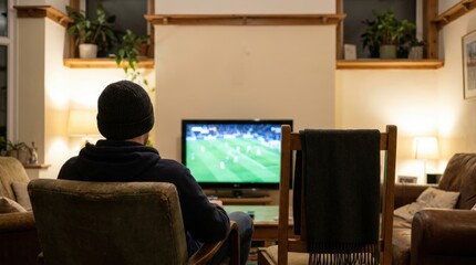 Fototapeta premium Football fan watching match on television in cozy living room