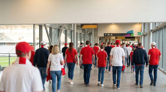 Sports fans walking through stadium concourse toward seating area