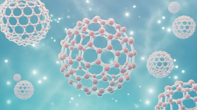 3d render of pink c60 fullerene molecules, buckminsterfullerene structures floating in a blue abstract environment with soft bokeh lighting