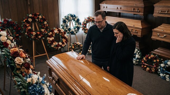 Grieving couple stands by a casket in a funeral home surrounded by floral wreaths and coffins
