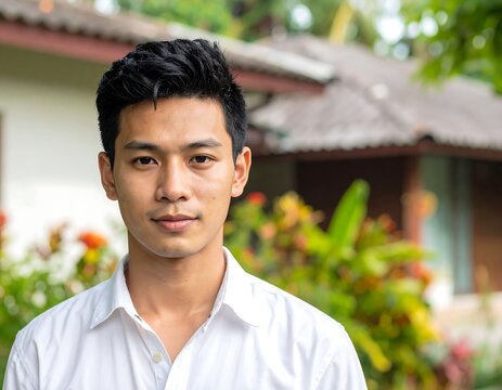 Portrait of a young man with dark hair and a white shirt smiling gently. Background has trees and a house