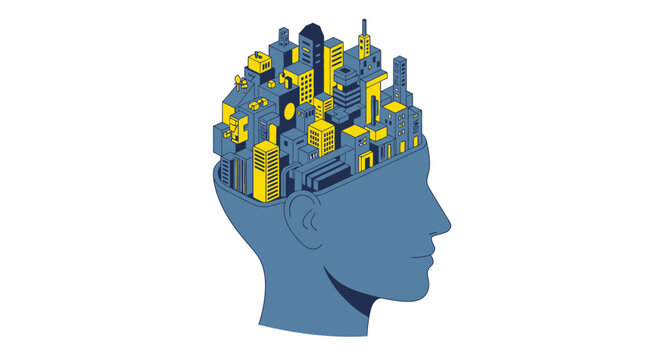 Isometric City Inside Human Head Silhouette - Conceptual Illustration for Urban Planning, Psychology, and Smart City Innovation
