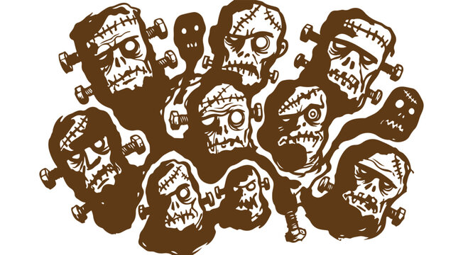 Spooky monster and zombie heads vector illustration with stitches and bolts for Halloween design