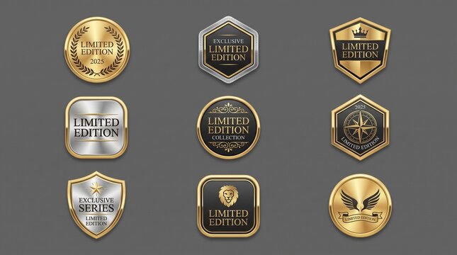 Collection of nine premium limited edition badges and seals with gold and silver metallic finishes