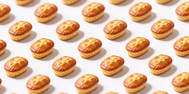 A repeating pattern of oval-shaped cookies with golden-brown tops and yellow bottoms, with shadows cast on a white background.