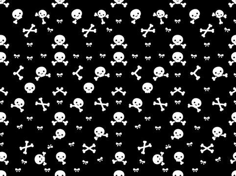 Seamless Cute Cartoon Skull and Crossbones Pattern on Black Background, Minimalist Halloween Vector Illustration