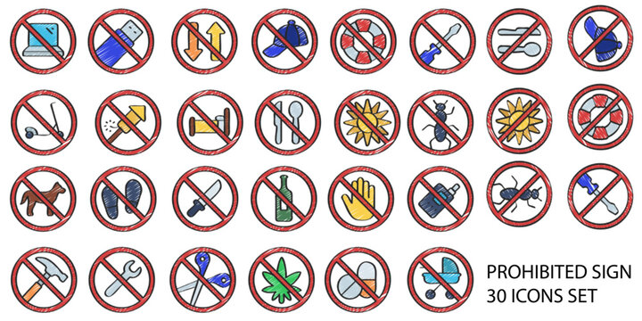 Set of 30 outline device icons. Prohibited sign line icons set. Vector illustration.