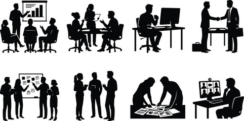 Obraz premium Black business meeting and office work silhouettes vector collection featuring corporate teams and strategy planning