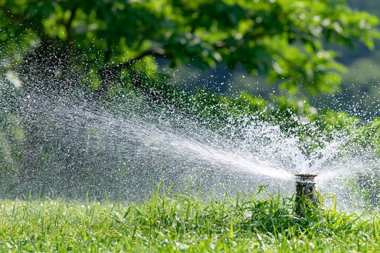 勢いよく水が噴き出すスプリンクラーで芝生に水やりする夏の光景