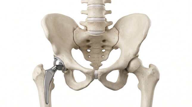 Human pelvis skeleton with hip replacement implant medical illustration
