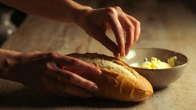 Person hands spreading yellow butter on rustic bread loaf.