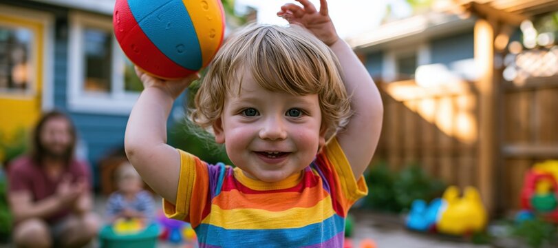 Toddler lifting colorful ball in sunny backyard while parent claps supportively