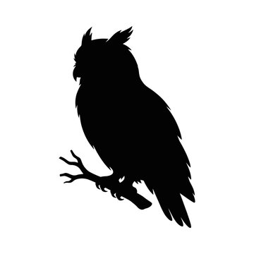 Great horned owl silhouette vector, majestic nocturnal bird of prey perched on a branch, black eagle owl wildlife icon for nature branding isolated on White Background Halloween silhouette