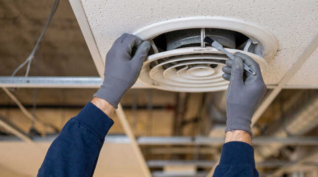 Technician Cleaning Ceiling Air Vent Diffuser During HVAC Maintenance