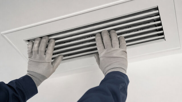 Technician Inspecting Ceiling HVAC Air Vent During Maintenance