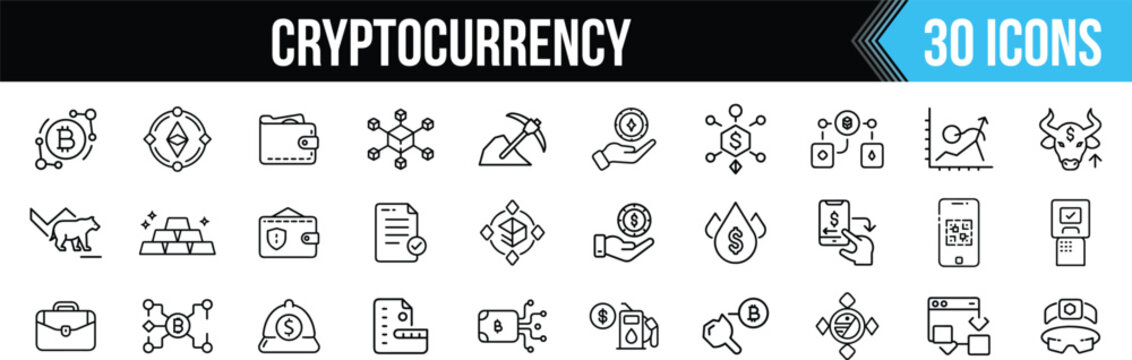 Cryptocurrency line icons set, 30 digital currency and blockchain symbols, modern fintech web elements for crypto trading and mining apps