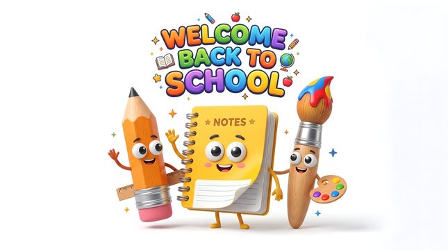 Welcome back to school banner. Cute cartoon stationery characters with educational supplies.