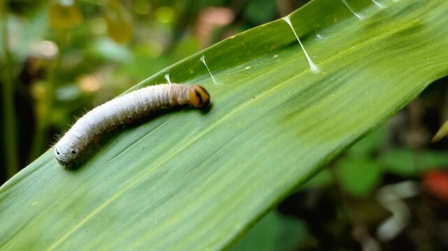 A close-up side profile shows a Grey-brand Redeye skipper butterfly caterpillar weaving silk threads to construct a leaf-rolling shelter on Bambusa vulgaris plant in a controlled captive environment.
