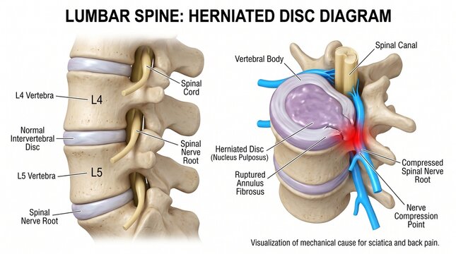 Herniated disc and spinal nerve compression medical illustration