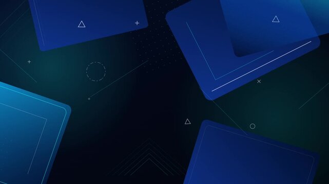 Abstract geometric blue background featuring floating rectangles with minimalist linear elements with lines against dark
