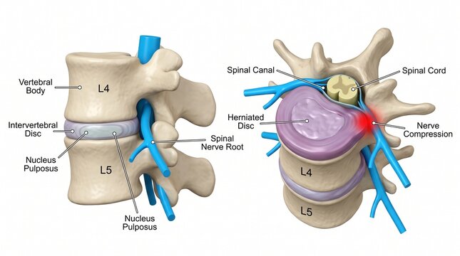 Herniated disc and spinal nerve compression medical illustration