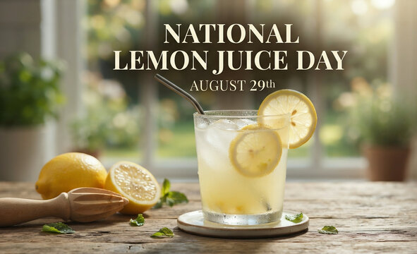 National Lemon Juice Day August 29th Graphic with Fresh Lemonade Glass and Squeezer