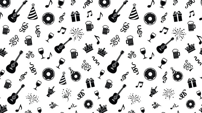Seamless birthday party pattern background featuring black vector doodles of guitars music notes fireworks drinks donuts and presents