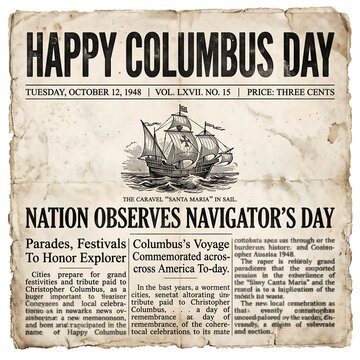 Vintage newspaper front page celebrating Columbus Day with historical illustrations and text