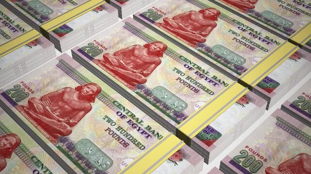 Stacks of 200 EGP or Two Hundred Egyptian pound banknotes or currency. Neat Rows of Egypt 200 Pound Bank note in 3D Motion. 4k Animation.