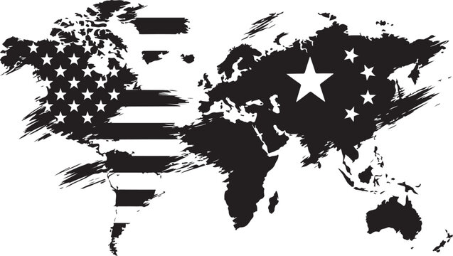 Grunge world map graphic with american and chinese flag design elements