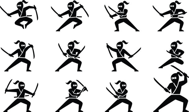 Japanese ninja warrior stick figure silhouette icon set featuring martial arts assassin character poses with dual katana swords