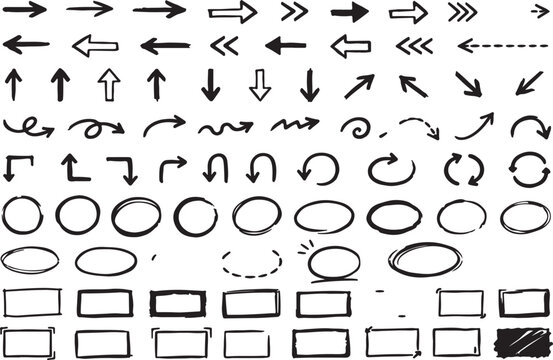 Set of hand drawn arrows circles and rectangles doodle shapes