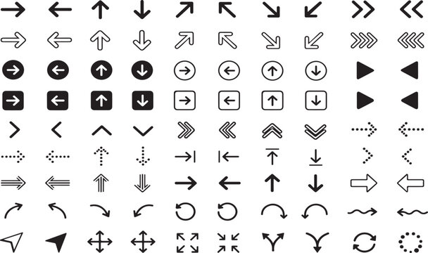 Collection of various black arrow icons isolated on white background