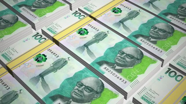 Stacks of 100 COP or One Hundred Colombian peso banknotes or currency. Neat Rows of Colombia 100 peso Bank note in 3D Motion. 4k Animation.