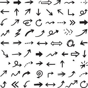 Collection of various hand drawn black ink arrows on white background