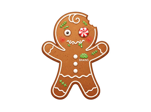 Creepy Cute Zombie Gingerbread Man Cookie with Peppermint Eye and Stitches, Halloween and Christmas Holiday Illustration

