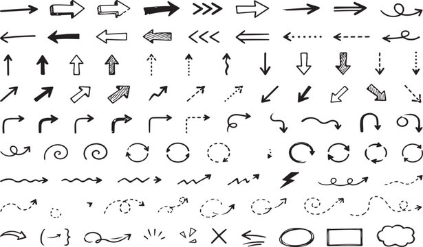 Collection of hand drawn doodle arrows and sketch design elements