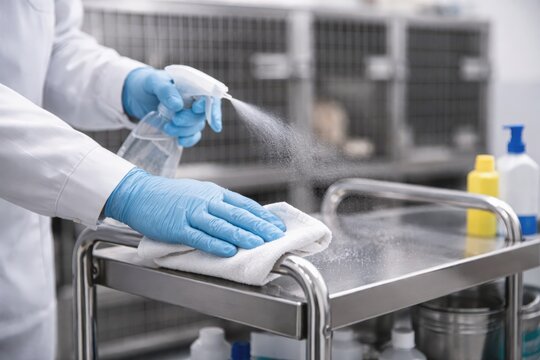 A gloved professional cleans a metal cart with disinfectant spray and a cloth. This image highlights essential hygiene and sanitization protocols for healthcare or veterinary facilities.