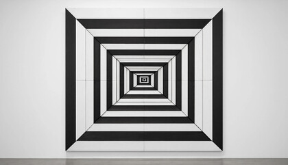 Fototapeta premium Large square painting with black and white geometric stripes creating an optical illusion of a deep tunnel on a plain white gallery wall