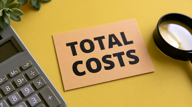 Conceptual image of Total Costs with calculator and magnifying glass on a bright yellow background, representing financial analysis and planning