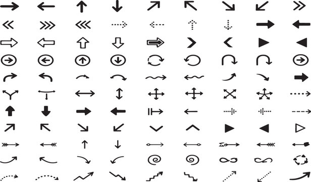 Collection of various black arrow icons and hand drawn direction signs
