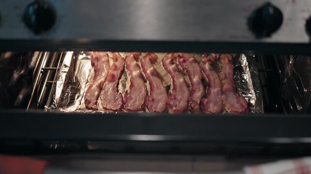 Bacon cooking in the oven on a foil lined baking sheet
