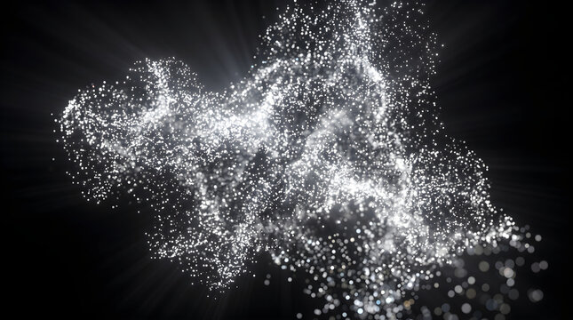 Glowing Silver Dust Particle Stream Spreading on Black Background