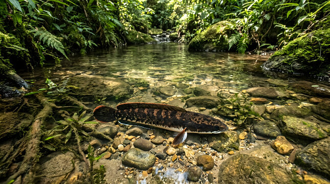 Snakehead fish in a clear forest stream. Freshwater predator swimming in a shallow river.