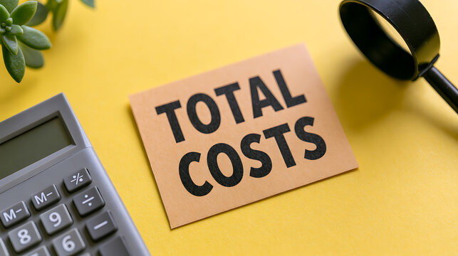 Business Concept: Total Costs Financial Text on a Note Card with Calculator and Magnifying Glass on a Bright Yellow Background