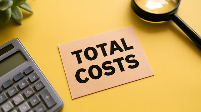Conceptual image shows total costs text on a note with calculator, magnifier, and a plant on vibrant yellow background for finance and business concepts