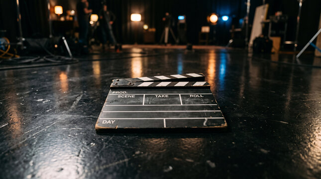 Movie Set Clapperboard: A close-up of a clapperboard resting on a polished floor in a dimly lit film studio, ready for action, symbolizing the start of a new production.