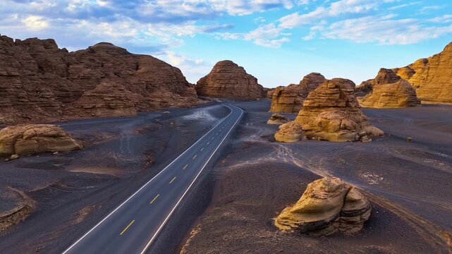 Aerial view of a paved highway winding through a dramatic desert yardang landscape with sand rock formations under a cloudy sky in Xinjiang, China.