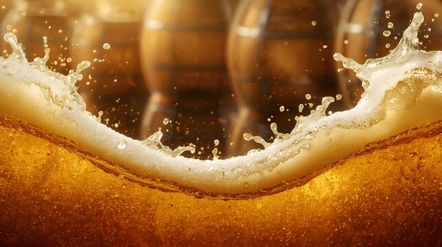 Dynamic wave splash of golden draft beer with thick white foam froth