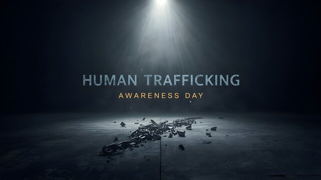 Human Trafficking Awareness Day typography banner with broken chains under spotlight